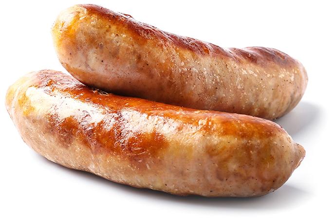 Two well cooked sausages on a white isolated background