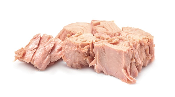 tuna chunks, on a white isolated background 