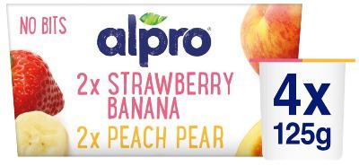 Alpro No Bits Strawberry-Banana & Peach-Pear Yoghurt Alternative 4 x 125g